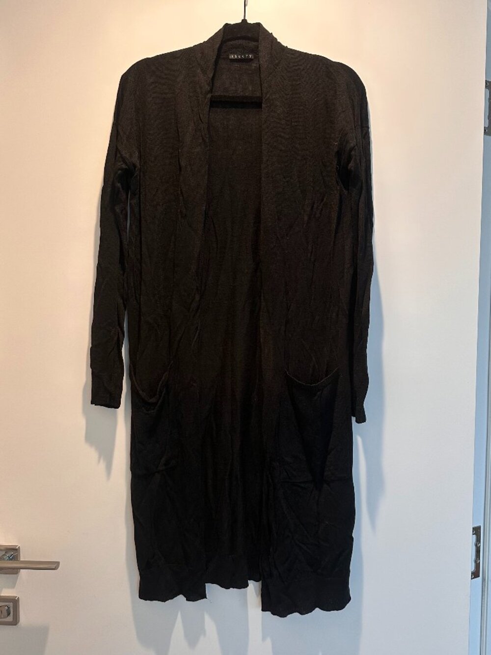 Theory Black Linen Blend Long Open-Front Cardigan – Fits Size Small